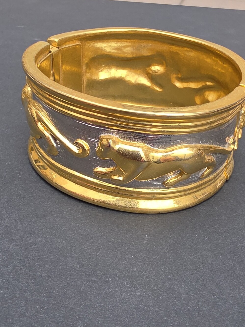 Vintage Gold Tone Running Panther Big Cat Wide Hinged Bracelet